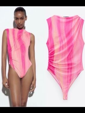 Zara Drape Mesh Tulle Pink Bodysuit Size Small High Neck Lined